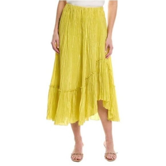 Vince Crushed Silk Tiered Yellow Pleated Pull On Maxi Skirt Sz 14 - Picture 1 of 6